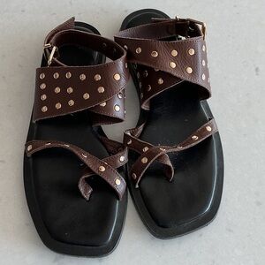 Studded Brown Leather Sandals - Women